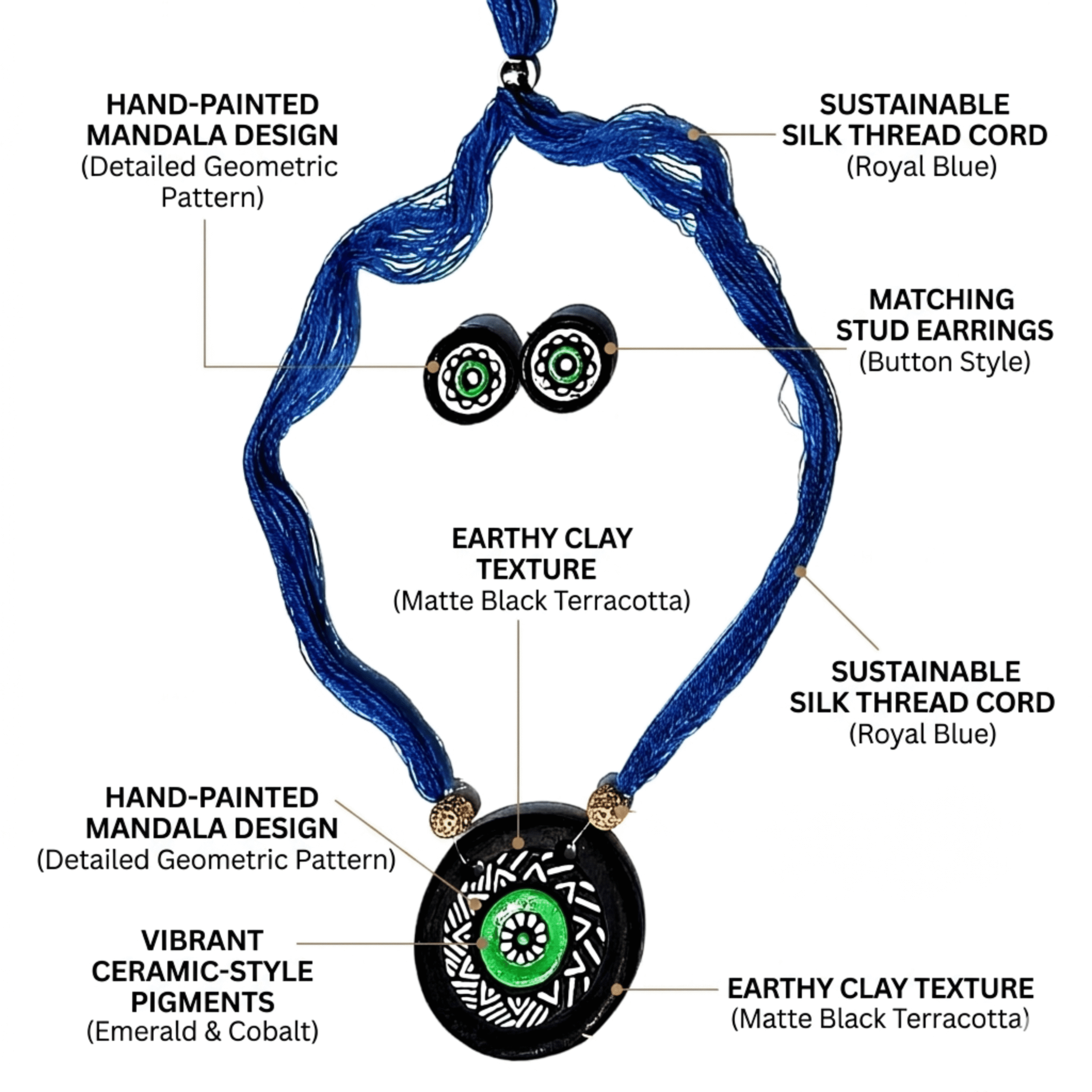 Charulata Handmade Terracotta Jewellery Set for Women – Hand-Painted Black and Green Mandala Art Pendant and Button Stud Earring Set with Royal Blue Adjustable Thread Dori - Ethically Sourced Clay Accessory for Traditional and Fusion Wear