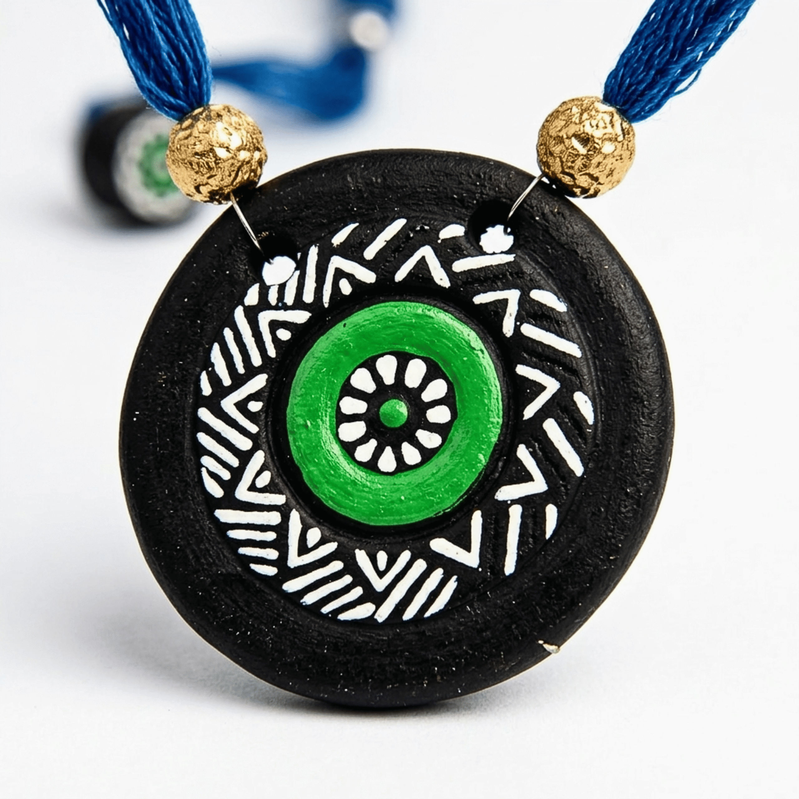 Charulata Handmade Terracotta Jewellery Set for Women – Hand-Painted Black and Green Mandala Art Pendant and Button Stud Earring Set with Royal Blue Adjustable Thread Dori - Ethically Sourced Clay Accessory for Traditional and Fusion Wear