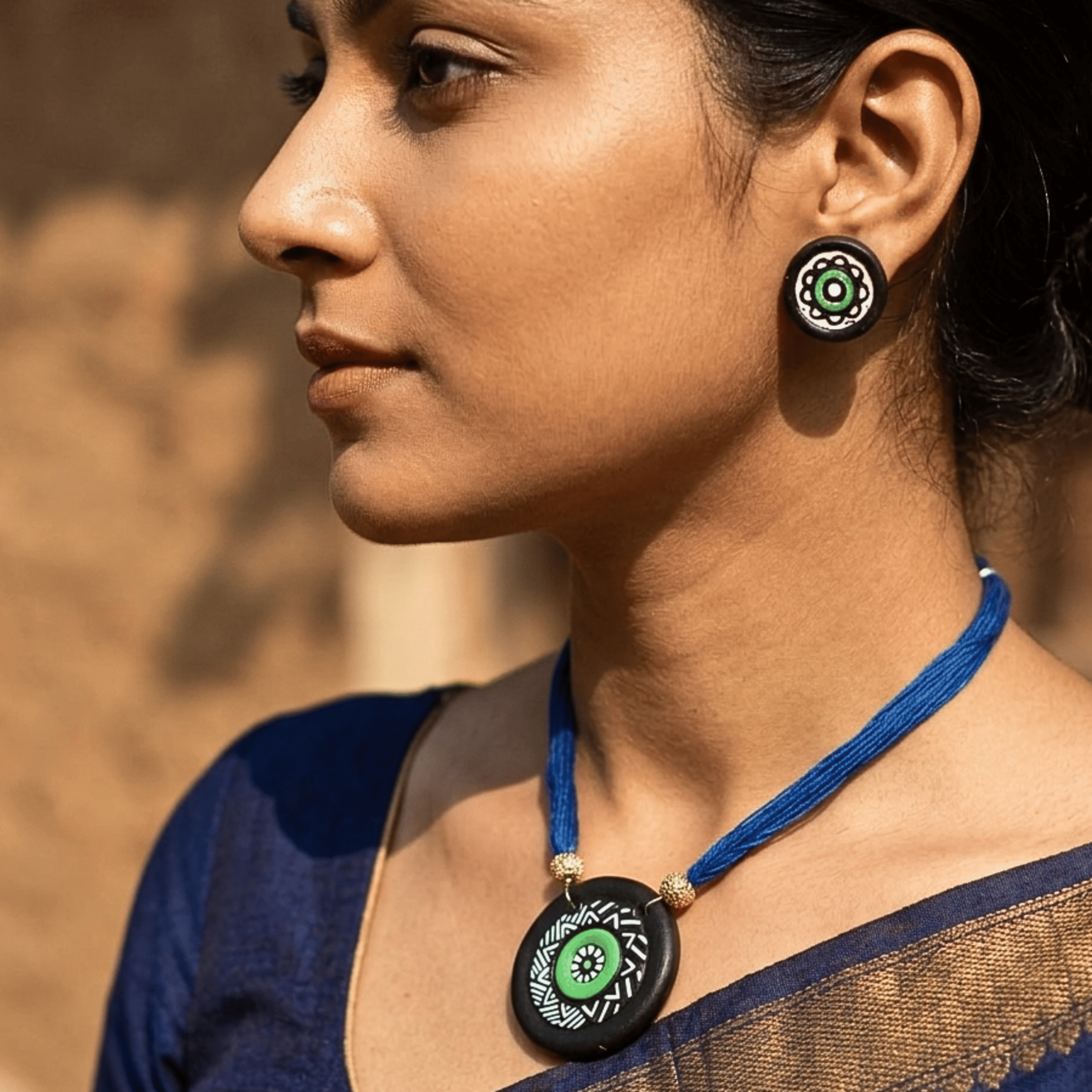 Charulata Handmade Terracotta Jewellery Set for Women – Hand-Painted Black and Green Mandala Art Pendant and Button Stud Earring Set with Royal Blue Adjustable Thread Dori - Ethically Sourced Clay Accessory for Traditional and Fusion Wear