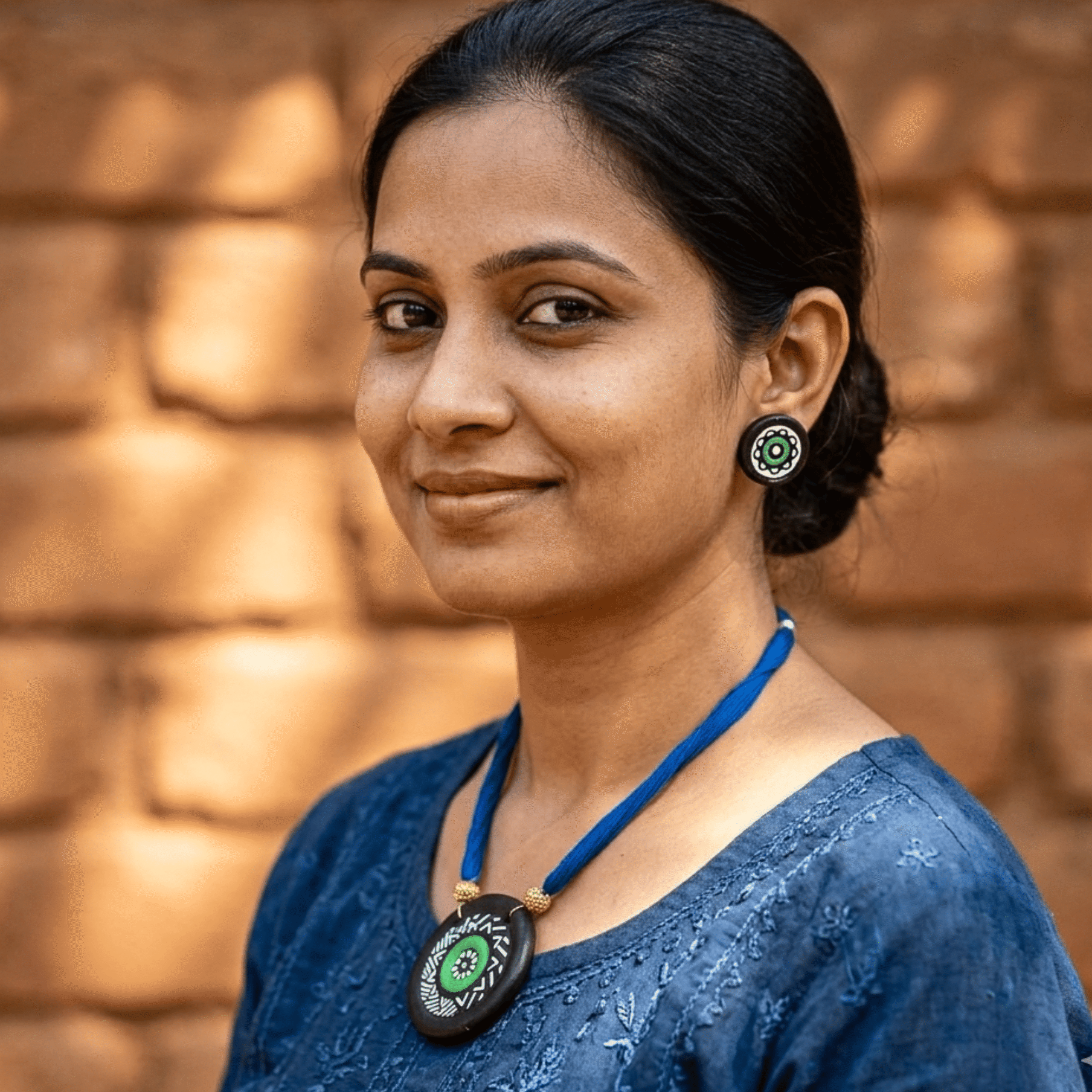 Charulata Handmade Terracotta Jewellery Set for Women – Hand-Painted Black and Green Mandala Art Pendant and Button Stud Earring Set with Royal Blue Adjustable Thread Dori - Ethically Sourced Clay Accessory for Traditional and Fusion Wear