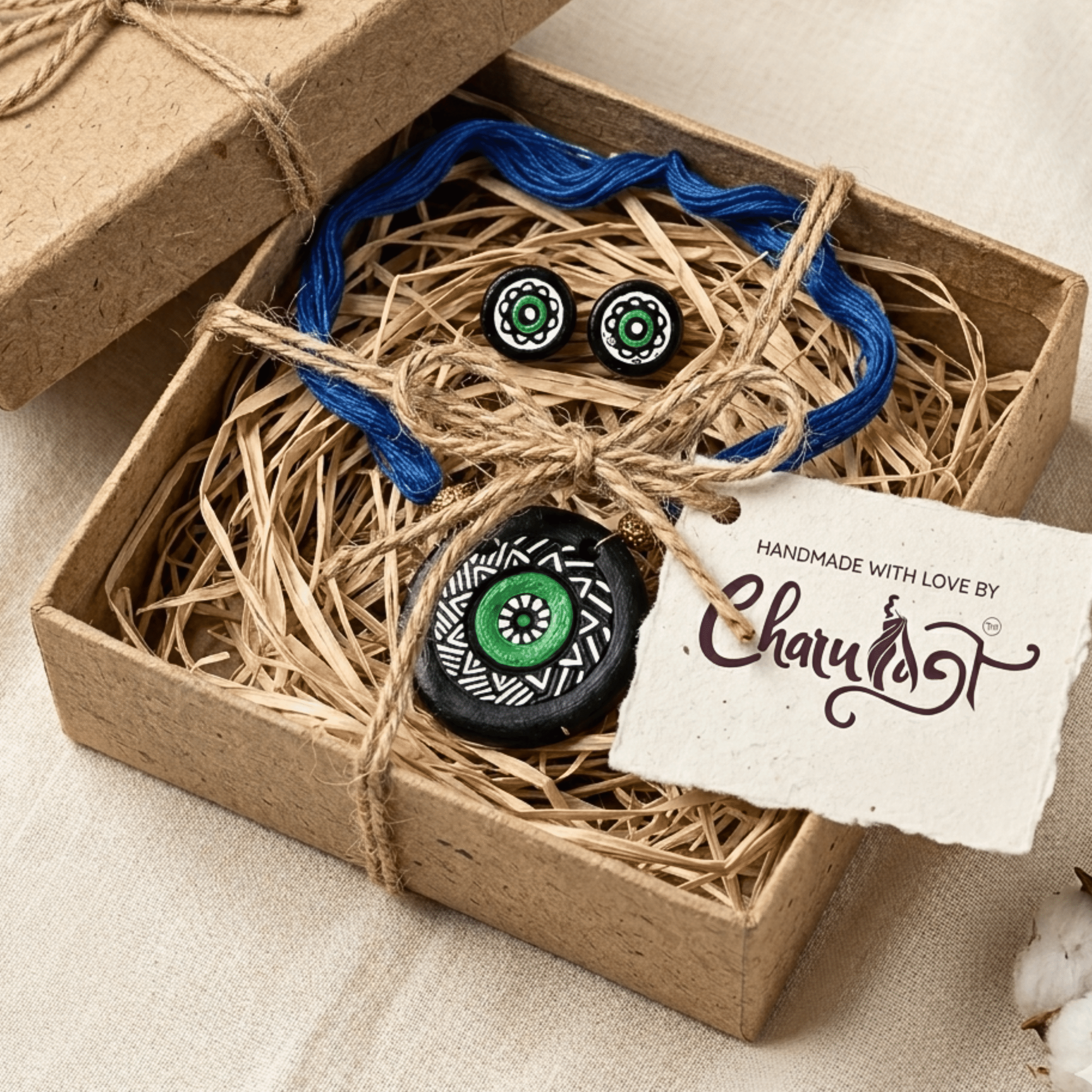 Charulata Handmade Terracotta Jewellery Set for Women – Hand-Painted Black and Green Mandala Art Pendant and Button Stud Earring Set with Royal Blue Adjustable Thread Dori - Ethically Sourced Clay Accessory for Traditional and Fusion Wear