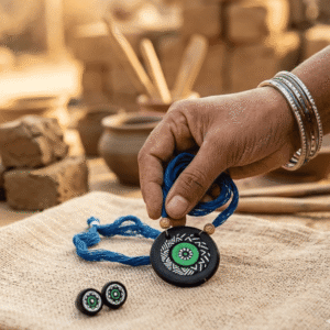 Charulata Handmade Terracotta Jewellery Set for Women – Hand-Painted Black and Green Mandala Art Pendant and Button Stud Earring Set with Royal Blue Adjustable Thread Dori – Ethically Sourced Clay Accessory for Traditional and Fusion Wear