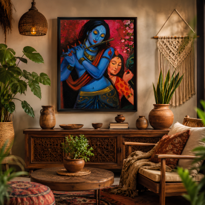 Eternal Love Radha Krishna Textured Painting – 24x30 Inch Handcrafted Devotional Canvas Wall Décor with Minimalist Black Frame