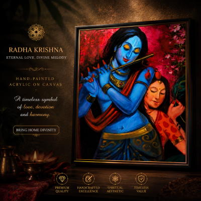 Eternal Love Radha Krishna Textured Painting – 24x30 Inch Handcrafted Devotional Canvas Wall Décor with Minimalist Black Frame