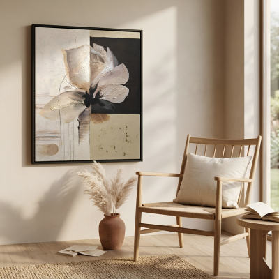 Contemporary Heavily Textured Floral Art - Neutral and Charcoal Black - Large 26x22 Inch Framed Masterpiece