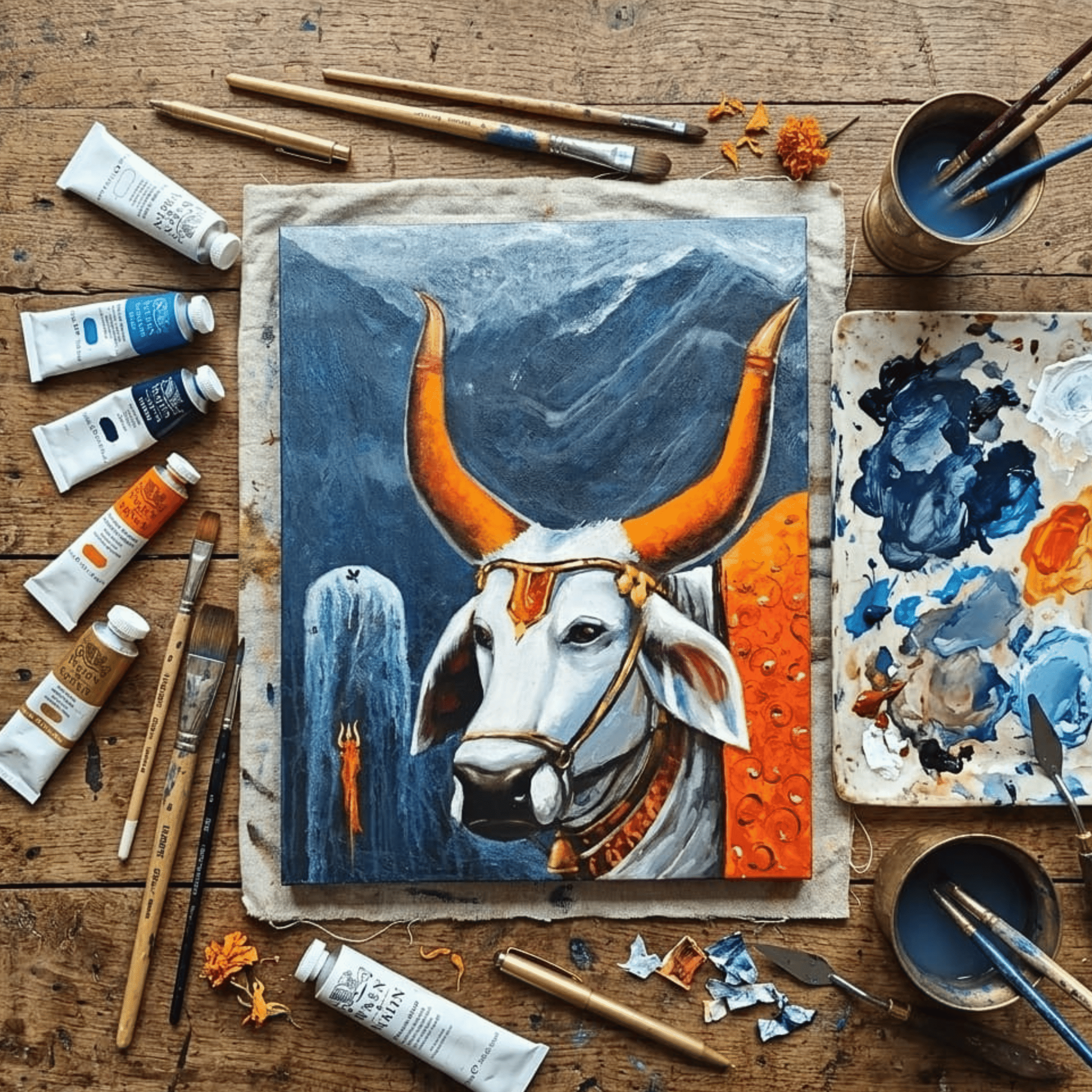 The Eternal Devotee" – Premium Hand-Painted Nandi Canvas Art, Acrylic on Canvas (30" x 24")