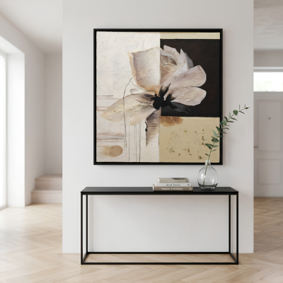 Contemporary Heavily Textured Floral Art - Neutral and Charcoal Black - Large 26x22 Inch Framed Masterpiece