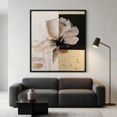 Contemporary Heavily Textured Floral Art - Neutral and Charcoal Black - Large 26x22 Inch Framed Masterpiece
