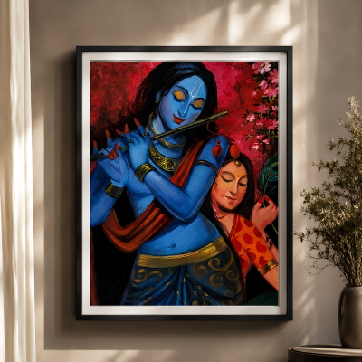 Eternal Love Radha Krishna Textured Painting – 24x30 Inch Handcrafted Devotional Canvas Wall Décor with Minimalist Black Frame