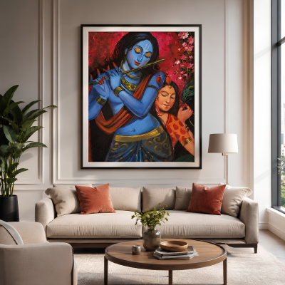 Eternal Love Radha Krishna Textured Painting – 24x30 Inch Handcrafted Devotional Canvas Wall Décor with Minimalist Black Frame